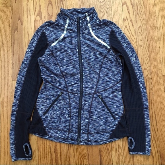Zell Multi Blue Semi Sheer Zip Up Fitted Thumbhole Light weight Athletic Jacket - Picture 16 of 16